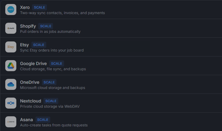 The Printforge integrations screen — Xero, Shopify, Etsy, Google Drive, OneDrive and more