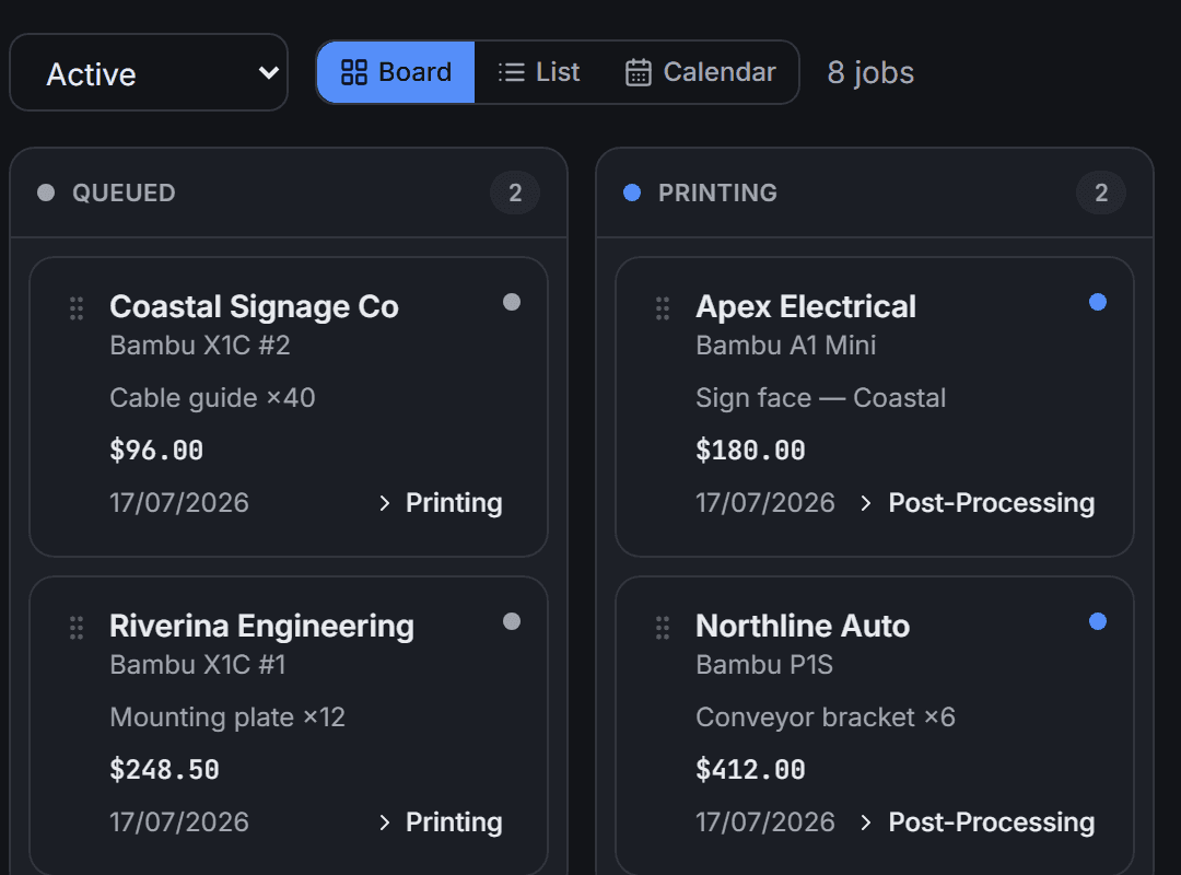 The Printforge job board — jobs moving through queued and printing columns